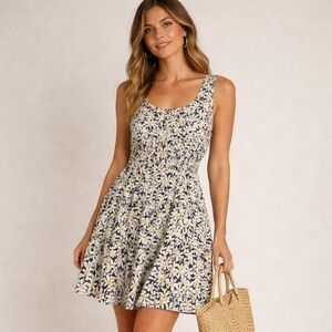 As U Wish Navy Floral Button-Front Dress with Yellow Accents Daisies